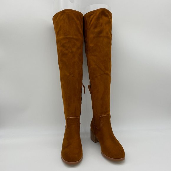 Shoes - Brown Suede Chunky Heel Knee High Boot With Zip